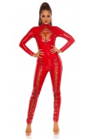 Sexy col latexlook-jumpsuit met veter rood